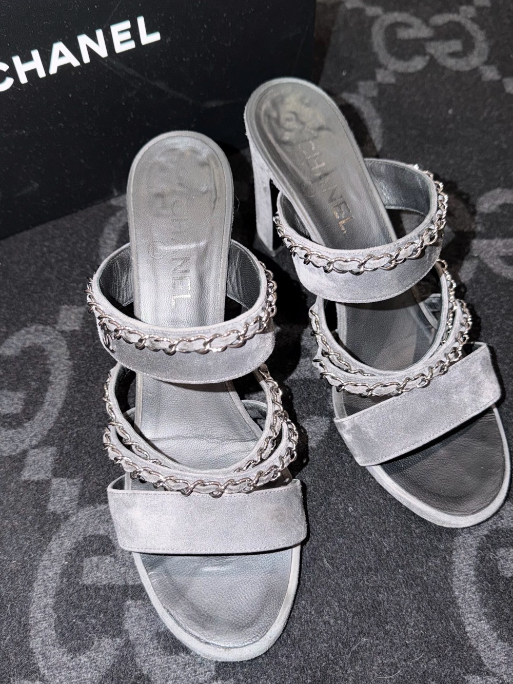 CHANEL Silver Suede Chain-Trim High Heel Slide Sandals
